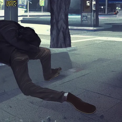 Image similar to A stunning digital masterpiece of a drunk man, he is blacked out under a bus stop, artstation