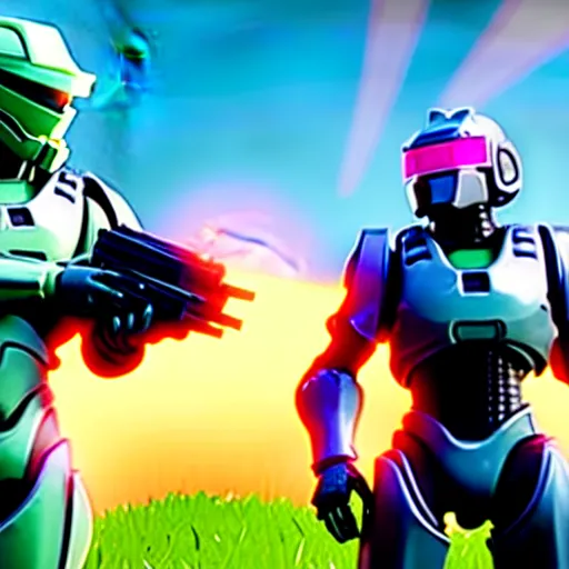 Image similar to Master Chief and Robocop sharing a pizza, a screenshot from Fortnite