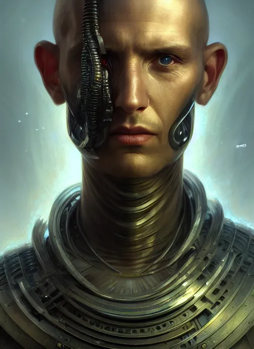 Prompt: closeup portrait shot of a male android in a scenic dystopian environment, intricate, elegant, highly detailed, centered, digital painting, artstation, concept art, smooth, sharp focus, illustration, artgerm, tomasz alen kopera, peter mohrbacher, donato giancola, joseph christian leyendecker, wlop, boris vallejo