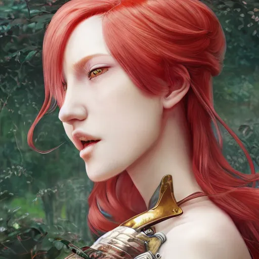 Image similar to a red haired female knight as an absurdly beautiful, elegant, young sensual anime girl, forest background, ultrafine hyperrealistic detailed face illustration by kim jung gi, irakli nadar, intricate linework, sharp focus, bright colors, matte, octopath traveler, final fantasy, unreal engine highly rendered, global illumination, radiant light, intricate environment