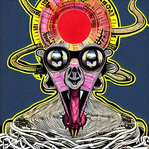 Prompt: graphic illustration, creative design, baphomet, biopunk, francis bacon, highly detailed, hunter s thompson, mixed media