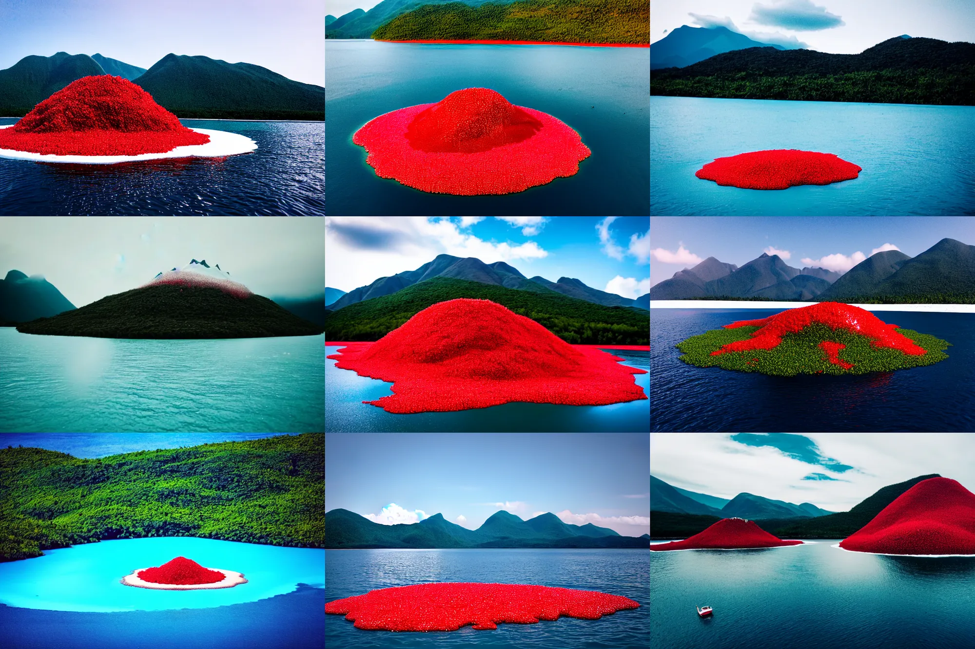 Prompt: an island made of red caviar, in the center of this island there are several mountains made of white ice cream, the water around this island is made of coca - cola ( dark brown water ), the photo was taken from a boat, without green grass, without green grass, 3 5 mm, cinematic