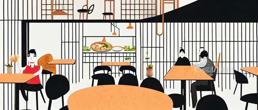 Image similar to a beautiful interior view illustration of a small roasted string hotpot restaurant in yan'an city, wall corner, restaurant wall paper is tower amd mountain, rectangle white porcelain table, people are eating, black chair, animation illustrative style, from china, simple style structure decoration design, victo ngai, james jean, 4 k hd