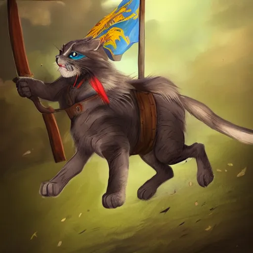 Image similar to a warrior cat carrying his battle flag while riding a larger cat steed that is galloping into battle