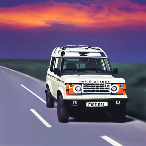 Image similar to land rover discovery driving down a windey road with noctoluminescent clouds in the sky, simplistic style, 1 9 8 0 s poster style