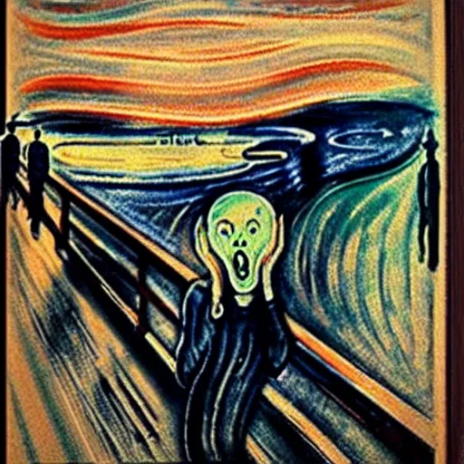 Image similar to the scream with a hat and raining on top of a hill