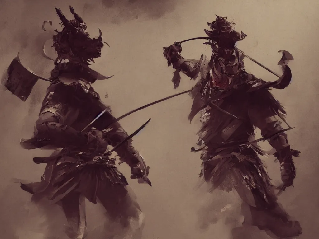 Prompt: samurai with demon mask, old japanese room on backround, artstation, cgsociety, greg rutkowski, wlop