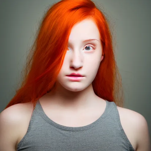 Prompt: portrait of the young lady with red hair, yellow circle pupils, soft skin, front view, 8k, highly detailed, photography