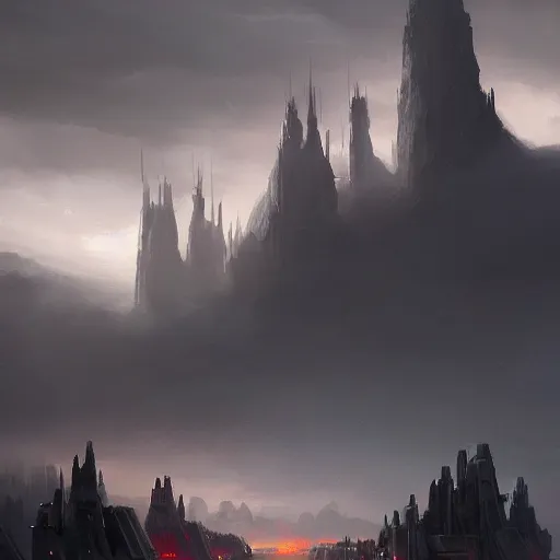 Image similar to star wars concept art by greg rutkowski, a baroque and imposing looking city, in the middle of a cold highland landscape, storm clouds, cinematic evening light, cold atmosphere, artstation hq