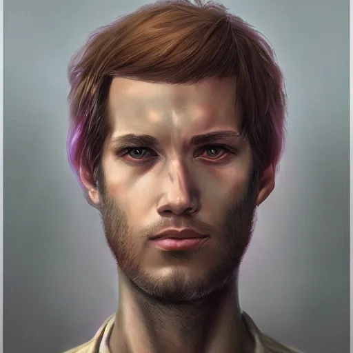 Image similar to a head - on portrait of a 2 0 - something engineering student, brown messy hair, by wayne barlowe and charlie bowater