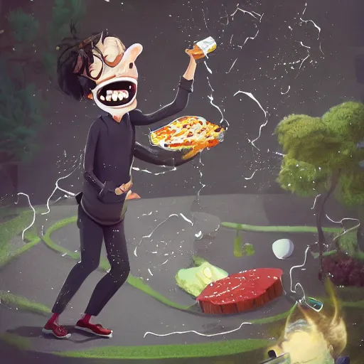 Prompt: a mad scientist in his back yard laughing happily at the food which he is falling from the sky , concept art, trending on artstation 3D.