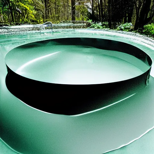 Prompt: swirling soft focus chrome liquid metal pools green, shining, smooth curves, liquidmetal, translucent, hologram