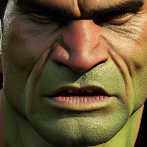 Image similar to detailed 3d render of the incredible hulks face, eric bana, lifelike textures and realistic hair, extreme close detail, high resolution, fine character detail