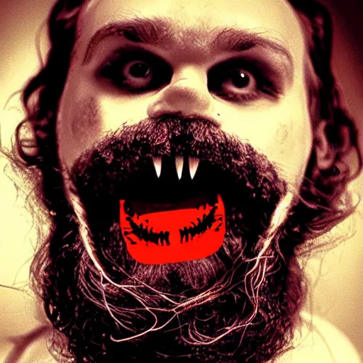 Image similar to bearded man with living teeth and tentacles in the style of the horror film The Thing 1982. Filmic.