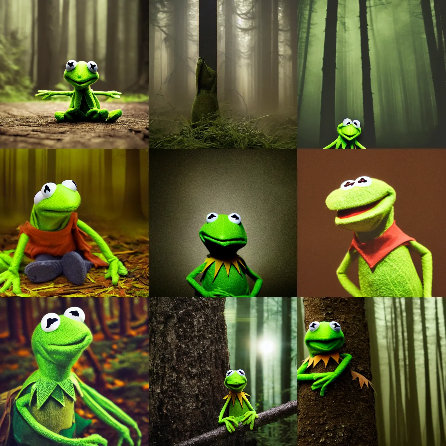 Prompt: photo of kermit the frog in a dark forest. blury. flash. obscurity. dark background