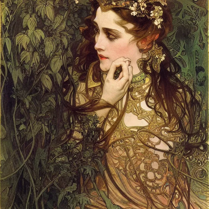 Prompt: longing look of a woman, portrait, highly detailed, bourgeoise, extremely opulent, ornate art, pompous, ornamental, richly detailed, digital art by alphonse mucha, ivan shishkin, adolph menzel, carvaggio