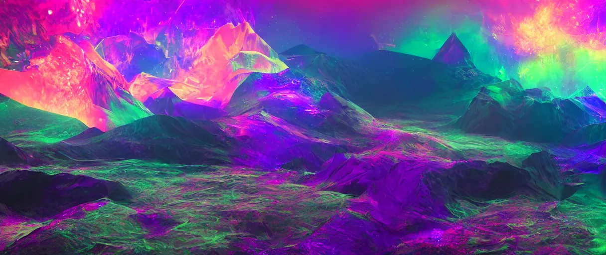 Image similar to dream landscape, houdini software simulation, glitch art, particle flow, volumetric object, physical particles, translucence, cinematic lighting, iridescence, by ash thorpe