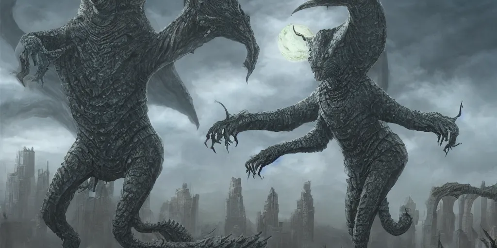 Image similar to Quadripedal kaiju with hair like fingers, high quality fantasy horror art, 4k