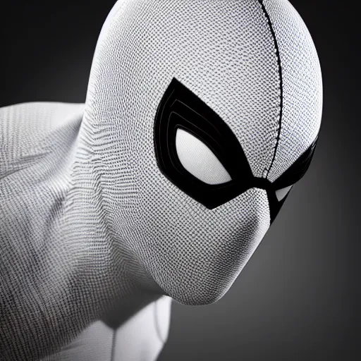 Image similar to white spider - man suit with black web lining, cinematic, volumetric lighting, realistic, hyperdetailed, photorealistic, photograph