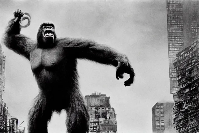 Prompt: king kong, movie still, intricate, bold, highly detailed, moody, high contrast, dynamic, colourful, surreal, psychedelic, 4 k, by bunuel and kubrick and bergman and jorodowski and lynch and cronenberg