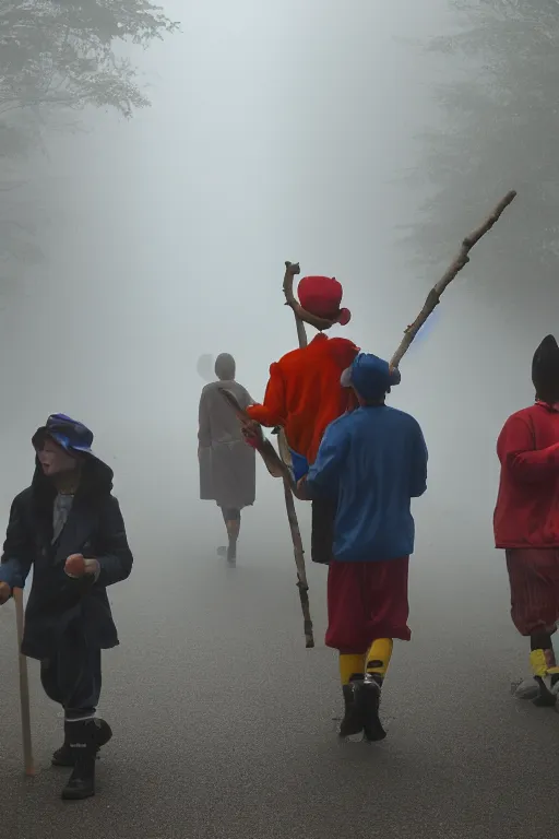 Image similar to a group of clowns walking down a long dark foggy alley the are carrying sticks. fog,