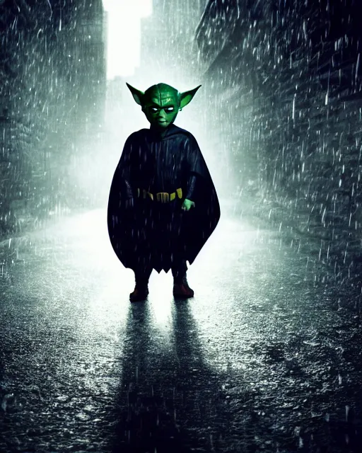 Image similar to epic closeup cinematic still of baby yoda as batman wearing batman costume with batcape as batman in atmospheric rainy alleyway in the style of batman the dark knight rises, 8 k backlit, rim lighting, dramatic moonlight lighting, beautiful composition