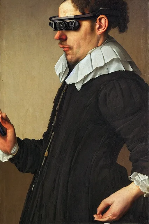 Prompt: “portrait of a wealthy cyborg quality assurance analyst wearing google glass, highly detailed, circa 1615, oil on linen, Chiaroscuro, painted by Giovanni Baglione”