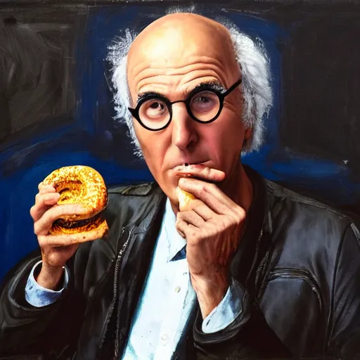 Prompt: Larry David eating a bagel in the style of Basquiat, oil painting