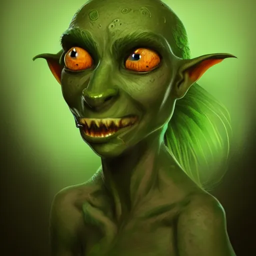 Image similar to illustration of a beautiful goblin girl, green skin, digital concept art