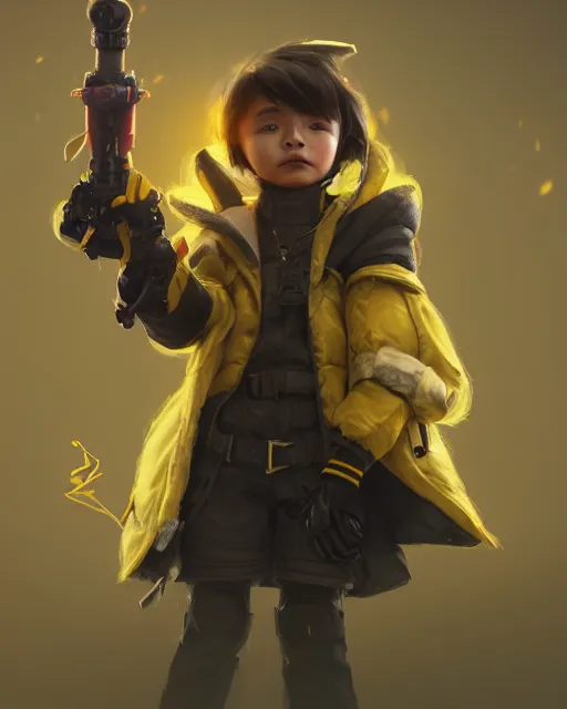 Prompt: a tiny combat kid wearing a puffy yellow jacket and a wizard wand, smooth, intricate, elegant, digital painting, artstation, concept art, sharp focus, octane render, illustration, art by ayami kojima, overwatch character,