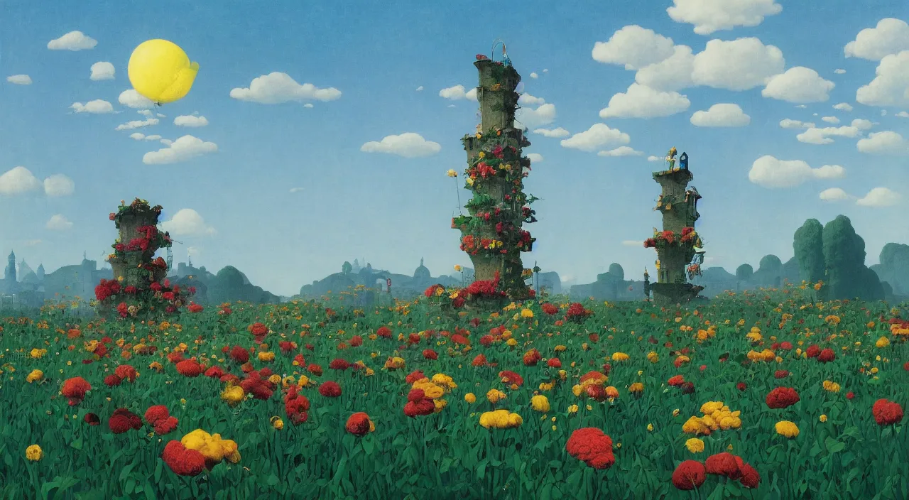 Prompt: single flooded simple flower tower, very coherent and colorful high contrast!! masterpiece by rene magritte simon stalenhag carl spitzweg syd mead norman rockwell edward hopper james gilleard, minimalist, dark shadows, sunny day, hard lighting