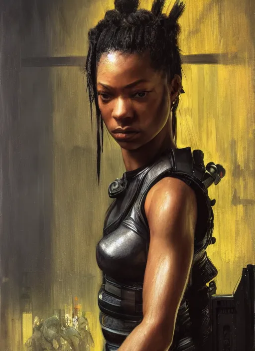 Image similar to Maria Igwe. female Cyberpunk samurai wearing military vest walking through nightclub (blade runner 2049, cyberpunk 2077). Orientalist portrait by john william waterhouse and James Gurney and Theodore Ralli and Nasreddine Dinet, oil on canvas. Cinematic, hyper realism, realistic proportions, dramatic lighting, high detail 4k