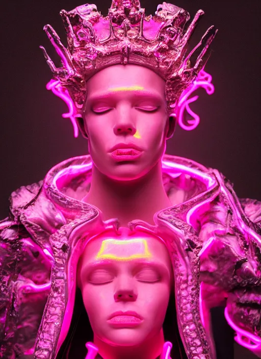 Image similar to photo of baroque and bladerunner delicate neon ruby sculpture of seductive ceramic albino king xavier serrano delicious pink iridescent humanoid deity wearing black fluffy hoody holding diamond skull in a black metallic dungeon, reclining, glowing rainbow face, crown of white diamonds, cinematic lighting, photorealistic, octane render 8 k depth of field 3 d