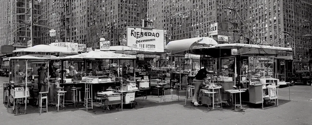 Prompt: spaghetti stand in downtown nyc, kodachrome, in the style of richard avedon, retro