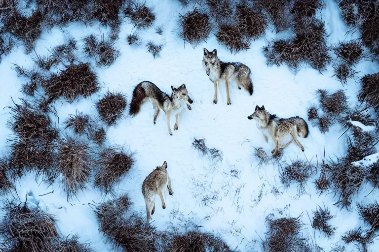 Image similar to taking from above, snow - covered beach, and lots of wolves there. high detail, photorealistic, good lighting, unbelievable.