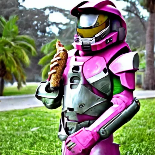 Image similar to cute master chief in pink armor holding a banana