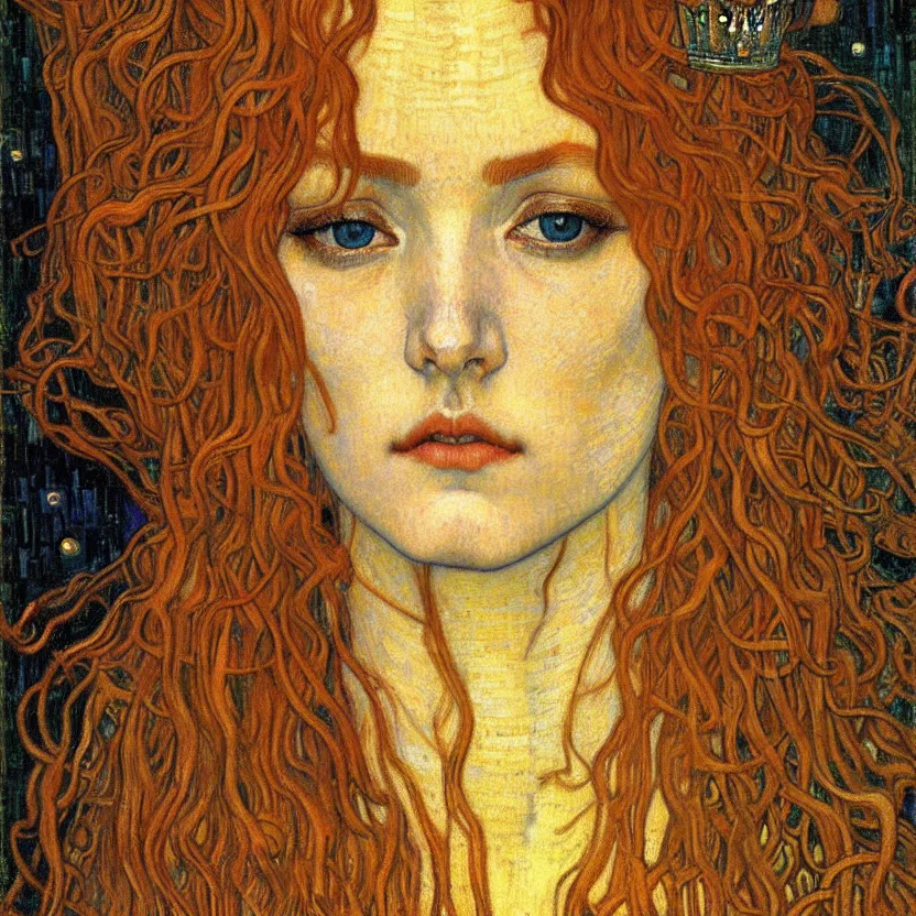 Image similar to detailed realistic beautiful young medieval queen face portrait by jean delville, gustav klimt and vincent van gogh, art nouveau, symbolist, visionary, gothic, pre - raphaelite, muted earthy colors, desaturated