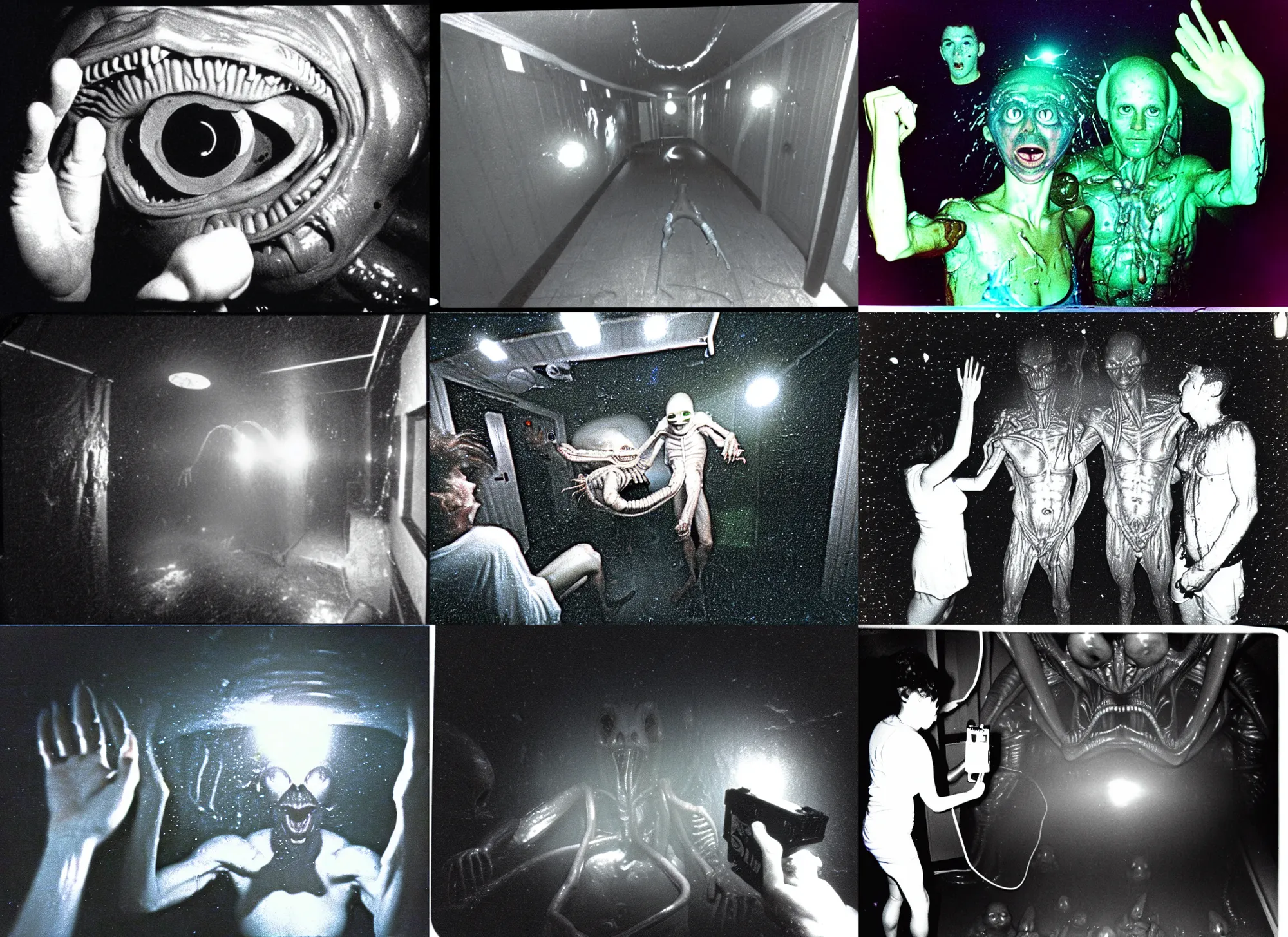 Prompt: 1 9 9 3, alien encounter captured with a disposable camera, flash, pov, slime, veins, wet