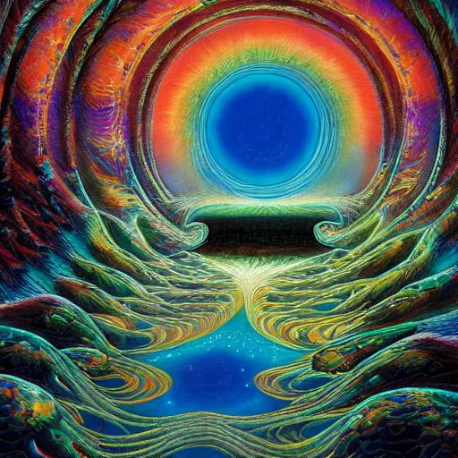 Image similar to expressive intense oil paintinf of the silver serenade connects to the laced transmission symphony of the celestial psylocibin by ron of the moonlight forest by alex grey, ron walotsky and paul lehr