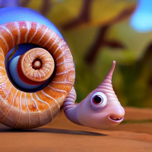 Image similar to cute cartoon snail with cinnamon roll shell, still from pixar movie, disney 3 d, 8 k, octane render