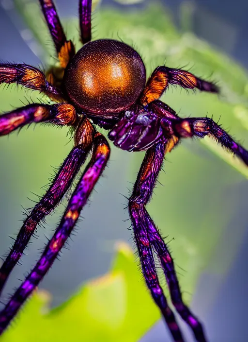 Image similar to beautiful macro photograph of a deep purple spider on a lotus flower, golden hour, golden ratio, nikon d 8 1 0, sigma 8 5 mm ƒ / 2. 5, award - winning, wet hdr refractions, insanely detailed, 8 k, * * * * *