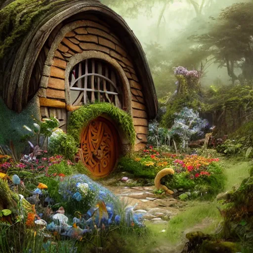 Image similar to A beautiful digital painting of a hobbit house covered in flowers, mushrooms and moss with a door and windows and a front path and garden in the shire by Stanley Artgerm Lau, frank frazetta, Rossdraws, James Jean, gerald brom, Andrei Riabovitchev, Marc Simonetti, and Sakimichan, trending on artstation, SFW version