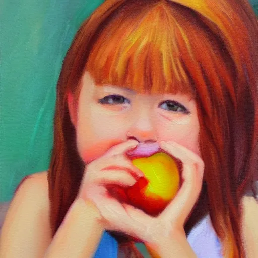 Prompt: A girl eating apples, oil Painting, 4K