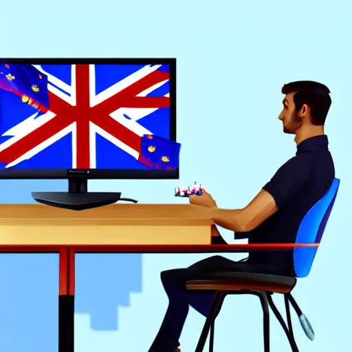 Prompt: european union eu hybrid influencer on blue shirt sitting on chair with eu flag on computer playing games on led keyboard and gaming mouse in style of American propaganda poster, big nosed, eu flag, european union flag, dark and gloom, extremely detailed oil painting, open room, highly detailed, trending on artstation, concept art, sharp focus, illustration, art by artgerm and greg rutkowski and magali villeneuve