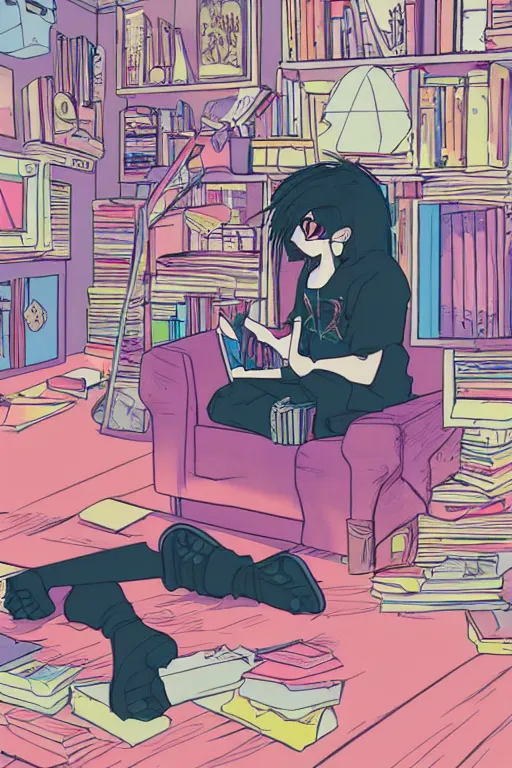 Image similar to goth guy sitting on the floor of a cluttered 9 0 s bedroom reading a book, vaporwave colors, lo - fi, concept art, smooth, detailed, toon shading, cel shading, animation, 4 k, hd,