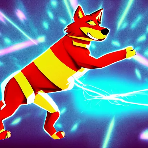 Image similar to furry anthro canine with stripes shooting electricity, hero pose, drawn, comic style, lens flare, magic effects, motion blur, chromatic aberration, detailed, 4 k