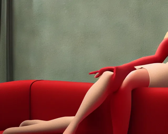 Image similar to 3 d render of a beautiful woman lying on a red couch in the style of tamara de lempicka, unreal engine