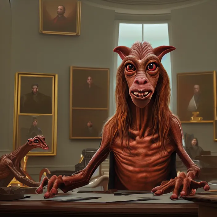 Image similar to portrait of jar jar binks in the oval office. intricate abstract. intricate artwork. by tooth wu, wlop, beeple, dan mumford. octane render, trending on artstation, greg rutkowski very coherent symmetrical artwork. cinematic, hyper realism, high detail, octane render, 8 k, iridescent accents