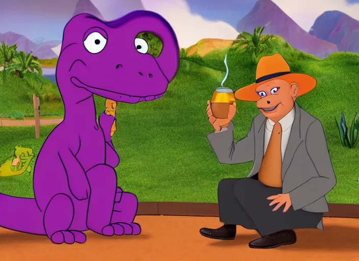 Image similar to retired barney, sitting in a lounge, sipping whiskey and smoking a cigar in the new barney the dinosaur show, 4 k