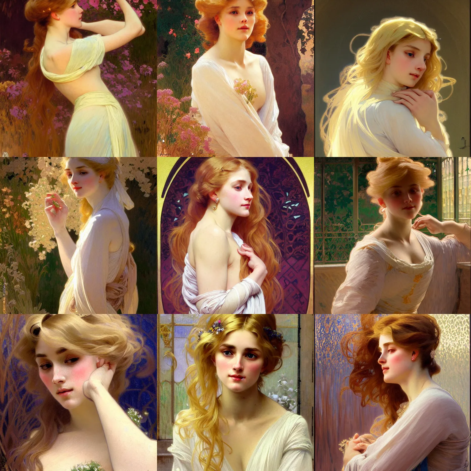 Prompt: painted portrait of a shy wife blessed by god with ever - increasing intelligence beauty and virtue. blonde, modest well - endowed holy body, light effect. feminine, powerful, in clothes! intricate, elegant, highly detailed, digital painting, artstation, concept art, smooth, sharp focus, illustration, art by gaston bussiere and alphonse mucha